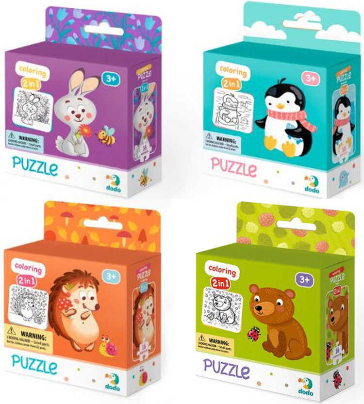 DODO Puzzle s omalovánkou 16 dílků MIX 4 kusů (Ježek