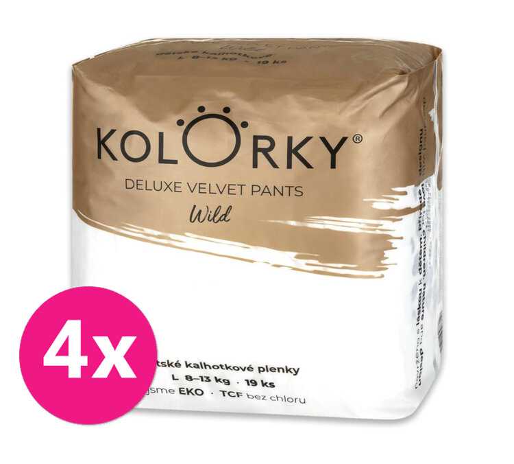 4x KOLORKY DELUXE VELVET PANTS Wild Kalhotky plenkové jednorázové eko L (8-13 kg) 19 ks Kolorky