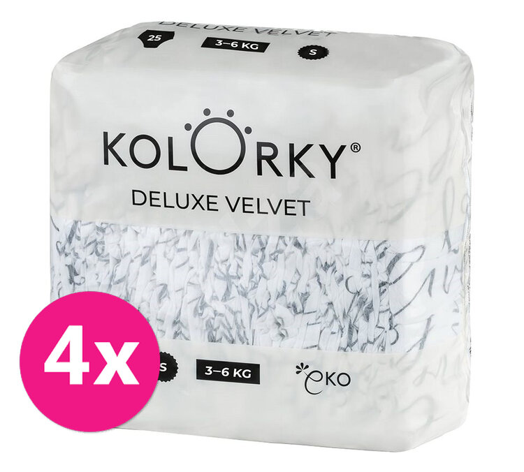 4x KOLORKY DELUXE VELVET Pleny jednorázové eko se sametovým povrchem S (3-6 kg) 25 ks Kolorky