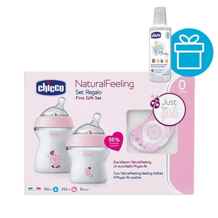 CHICCO Set dárkový Natural Feeling+Air dudlík/dívka + Roztok dezinf. víceúčelový 1l Chicco