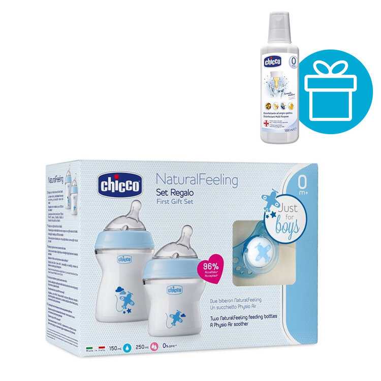 CHICCO Set dárkový Natural Feeling+Air dudlík/kluk + Roztok dezinf. víceúčelový 1l Chicco