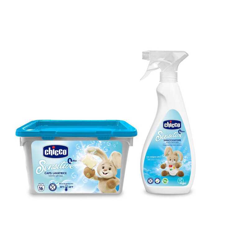 CHICCO Kapsle prací gelové Sensitive 16 ks + Odstraňovač skvrn Sensitive 500 ml Chicco