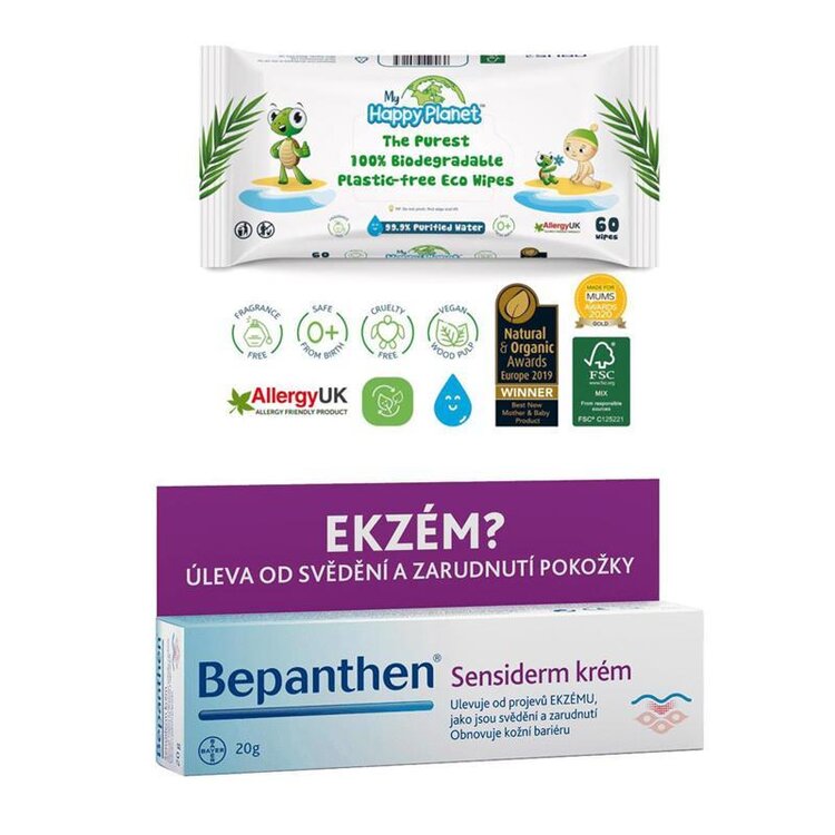 BEPANTHEN Krém Sansiderm proti ekzému 20 g + vlhčené ubrousky Happy Planet 100% BIO