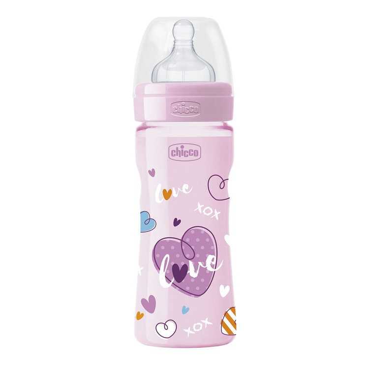 CHICCO Láhev kojenecká Well-Being LOVE silikon 250 ml dívka 2m+ Chicco