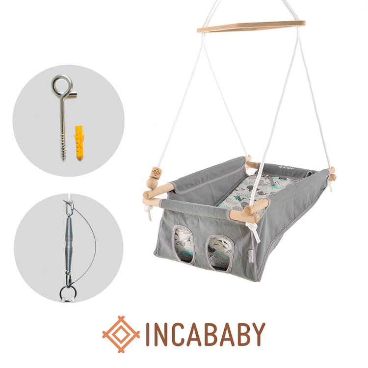 INCABABY Houpačka dětská Babyswing 0m + Whale FW + pružina + hák do houpačky Incababy