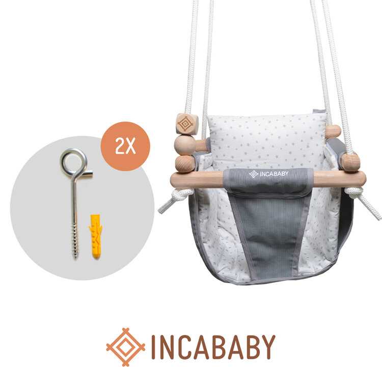 INCABABY Houpačka Junior Swing Grey Stars + hák do houpačky 2 ks Incababy