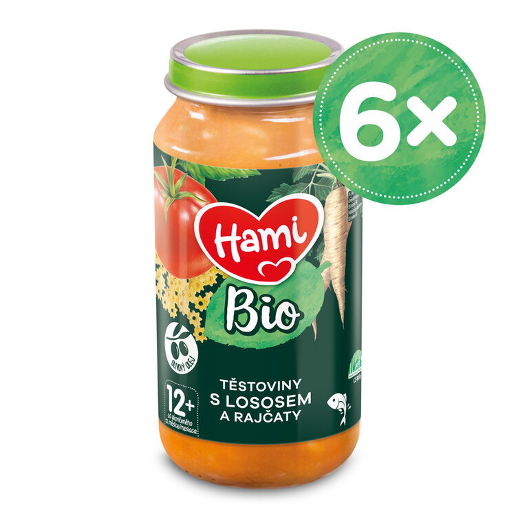 6x HAMI BIO Příkrm masozeleninový Těstoviny s lososem a rajčaty 250g Hami