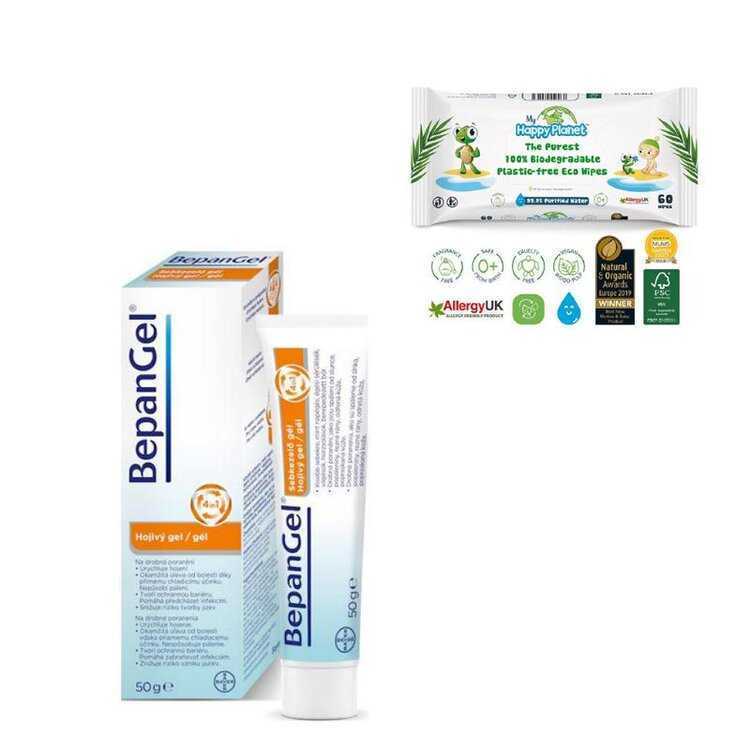 BEPANTHEN Gel hojivý Bepangel 50 g + vlhčené ubrousky Happy Planet 100% BIO