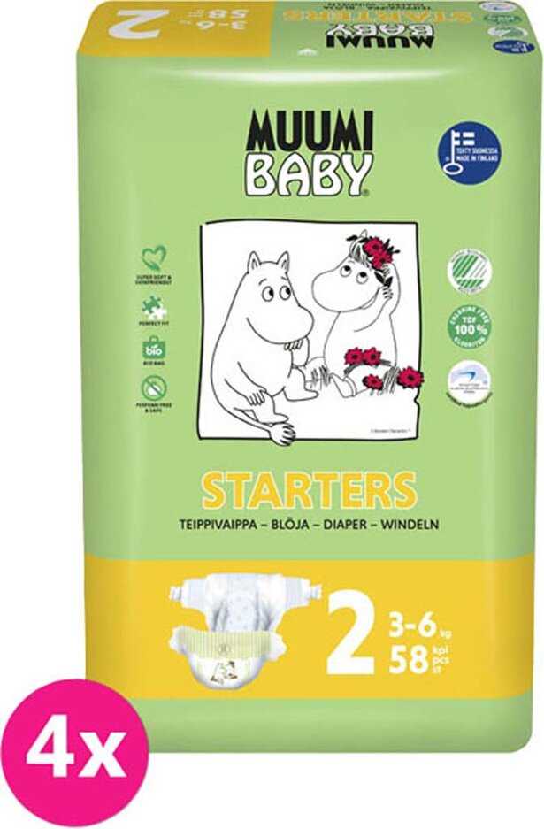 MUUMI Baby Starters Pleny jednorázové 2 (3-6 kg) 232 ks - MĚSÍČNÍ BALENÍ Muumi