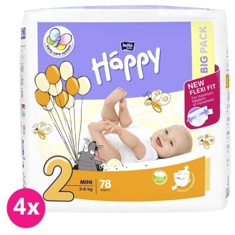 4x BELLA HAPPY Pleny jednorázové 2 Mini (3-6 kg) 78 ks - BIG PACK Bella Baby Happy