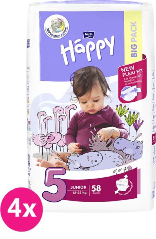 4x BELLA HAPPY Pleny jednorázové 5 Junior (12-25 kg) 58 ks - BIG PACK Bella Baby Happy