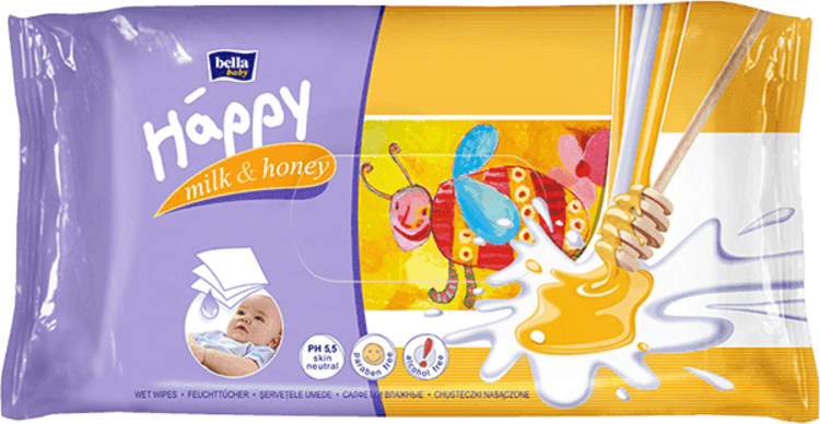 4x BELLA HAPPY BABY Vlhčené ubrousky mléko a med 64 ks MEGA PACK Bella Baby Happy