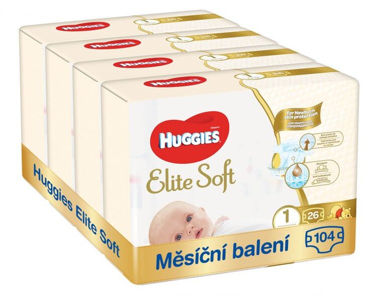 HUGGIES Elite Soft Pleny jednorázové 1 (3-5 kg) 104 ks - MĚSÍČNÍ ZÁSOBA Huggies