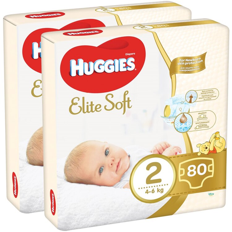 HUGGIES Elite Soft Pleny jednorázové 2 (4-6 kg) 160 ks - MĚSÍČNÍ ZÁSOBA Huggies