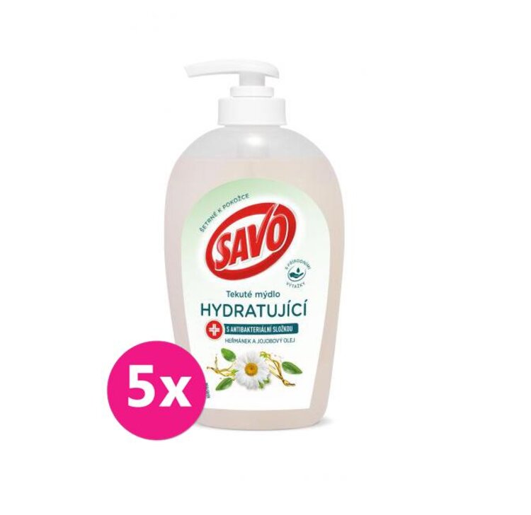 5x SAVO Tekuté mýdlo s antibakteriální složkou Heřmánek & Jojobový olej 250 ml Savo