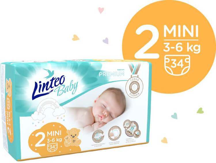 LINTEO BABY Premium Pleny jednorázové 2 MINI (3-6 kg) 136 ks LINTEOBABY