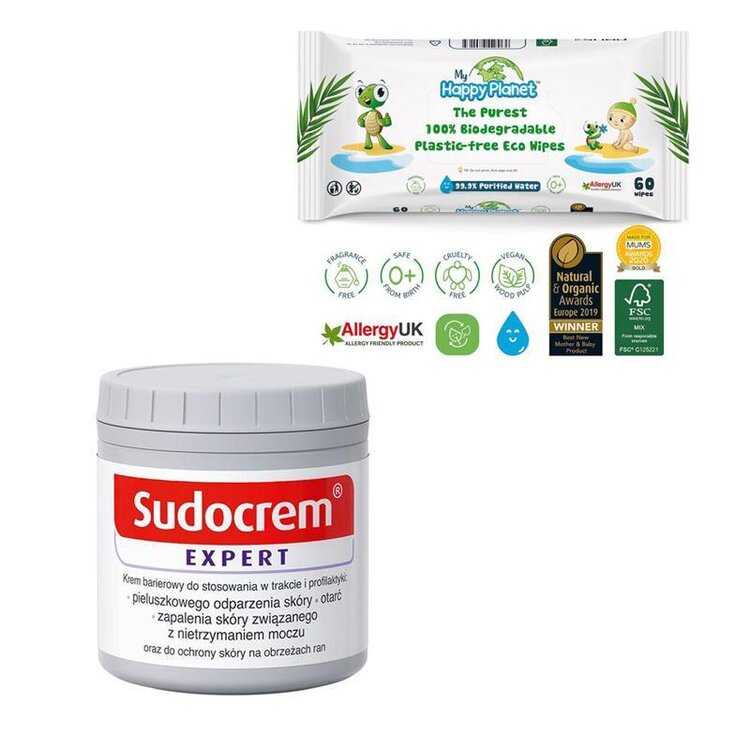 SUDOCREM Expert 400 g + vlhčené ubrousky Happy Planet 100% BIO