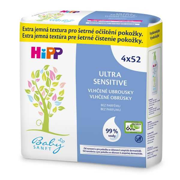 3x HiPP Babysanft Ultra sensitive vlhčené ubrousky bez parfému (4x 52 ks) HiPP