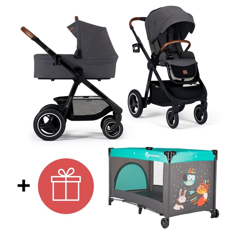 KINDERKRAFT Kočárek Everyday 2v1 Black Dark Grey + PETITE&MARS Postýlka Koot Fox Aqua ZDARMA Kinderkraft