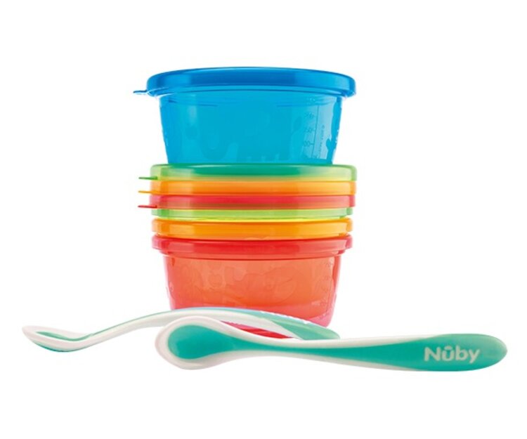 NUBY Set na jídlo 4 misky s víčkem 300 ml a 2 lžičky 3m+ Nuby