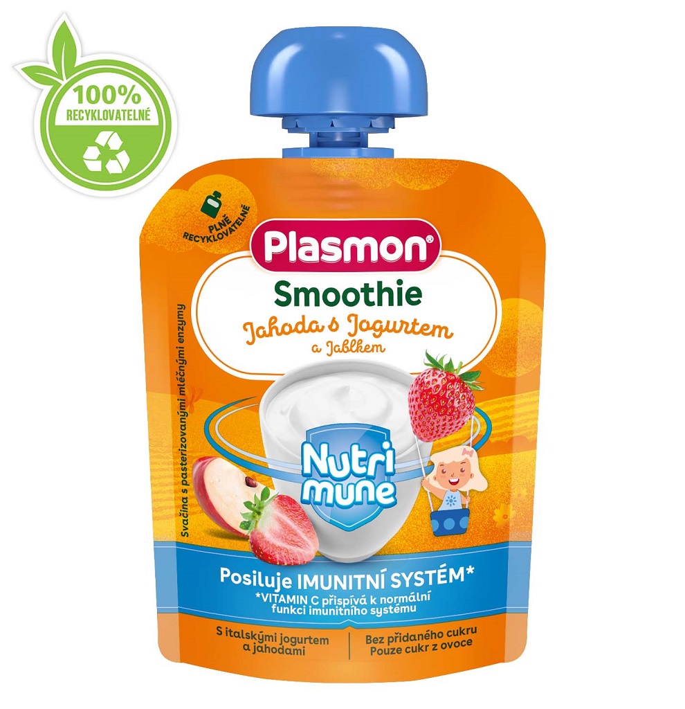 6x PLASMON Kapsička Smoothie NUTRI-MUNE bezlepková ovocie-jogurt jablko a jahoda 85g