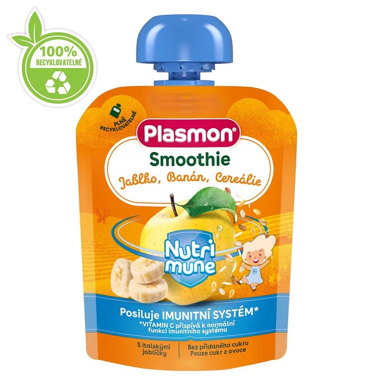 EXP: 06.06.2023 PLASMON Smoothie NUTRI-MUNE bezlepkové ovoce jablko a banán s cereáliemi 85g