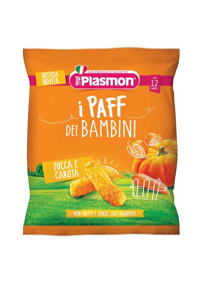 EXP: 02.08.2023 PLASMON Křupky zeleninové bezlepkové na cesty Paff mrkev a dýně 15g