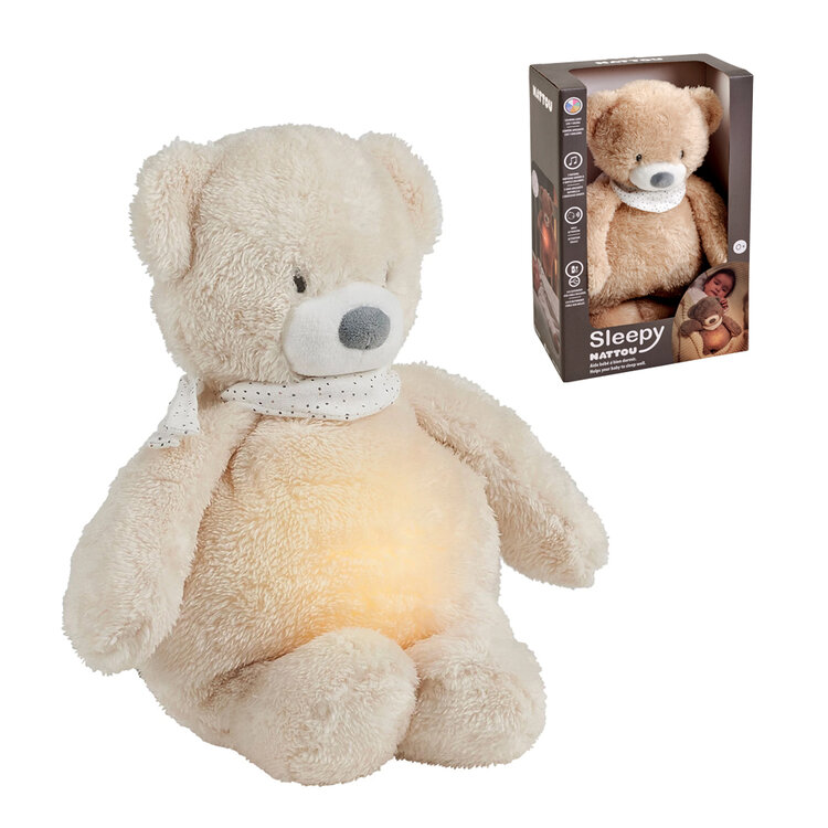 NATTOU Usínaček plyšový hudební se světýlkem a senzorem pláče 4v1 Sleepy Bear Pale Brown 0m+ Nattou