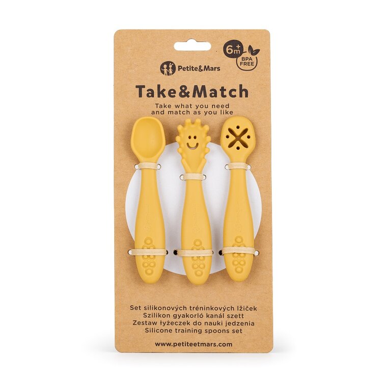 PETITE&MARS Set 3 ks silikonových tréninkových lžiček Take&Match Intense Ochre 6m+ Petite&Mars