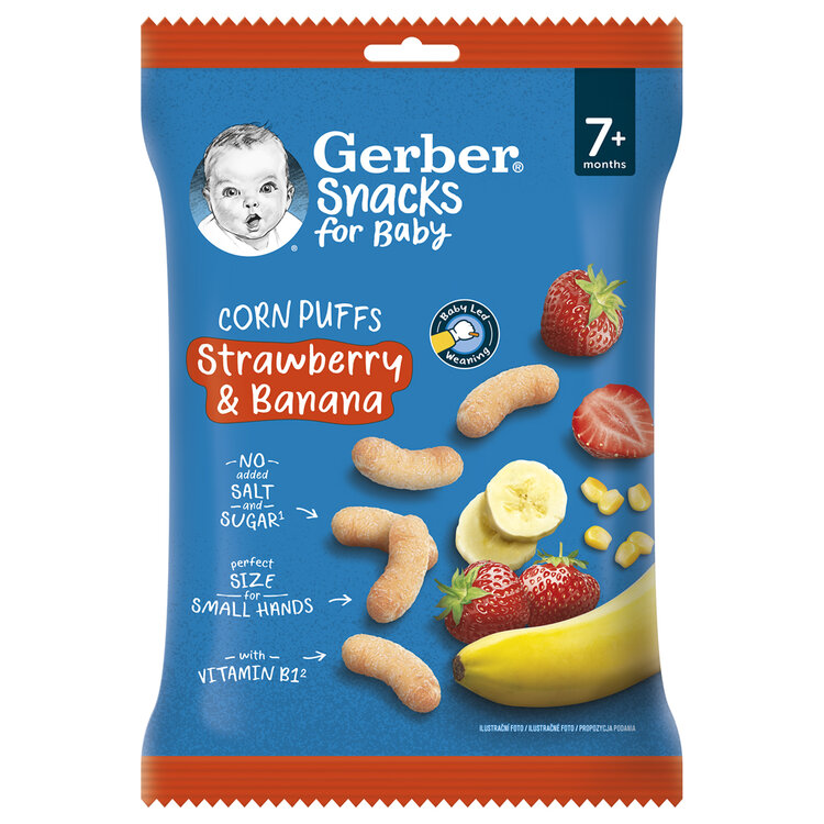 GERBER Snacks kukuřičné křupky jahoda a banán 28 g