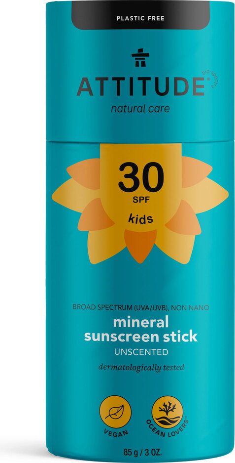 EXP: 30.11.2024 ATTITUDE Dětská 100 % minerální ochranná tyčinka na celé tělo (SPF 30) bez vůně 85 g Attitude