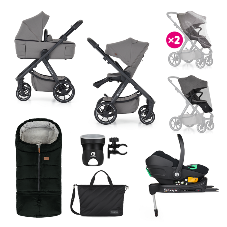 PETITE&MARS Kočárek kombinovaný ICON 2v1 Dove Grey XXL RWS + Core Pro i-Size Black Grey + Báze Petite&Mars